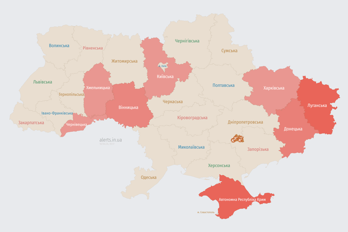 Мапа повітряної тривоги в Україні сьогодні, 18 квітня