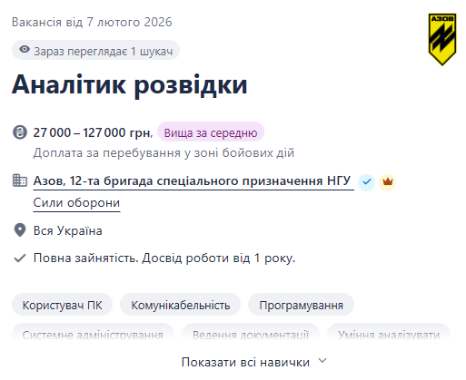 "Азову" потрібні аналітики розвідки — з'явилась вакансія