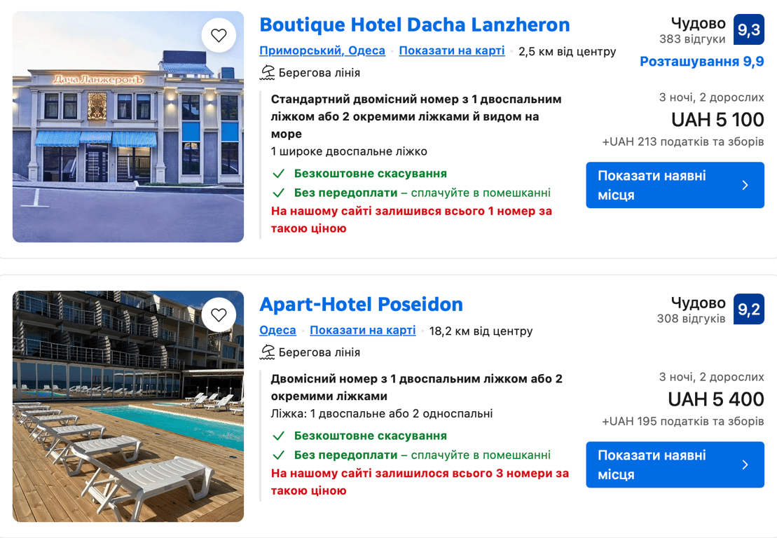 Ціни на готелі стандартного сегмента. Фото: скриншот