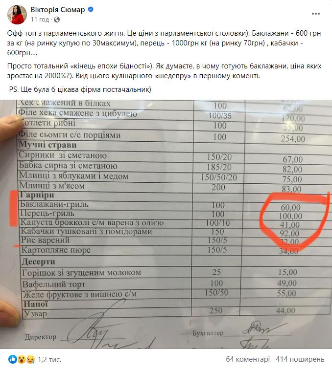 Нардеп Вікотрія Сюмар обурюється цінам у Верховній раді
