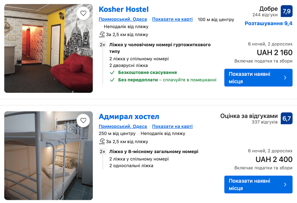 Вартість одеських хостелів за тиждень. Фото: скриншот