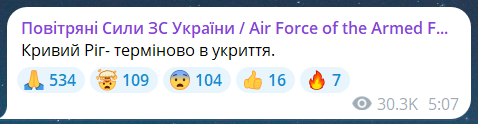 Скриншот повідомлення з телеграм-каналу "Повітряні сили ЗС України"