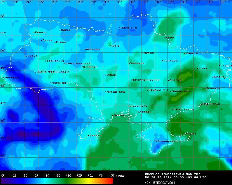 Карта нічних температур. Фото: Метеопост