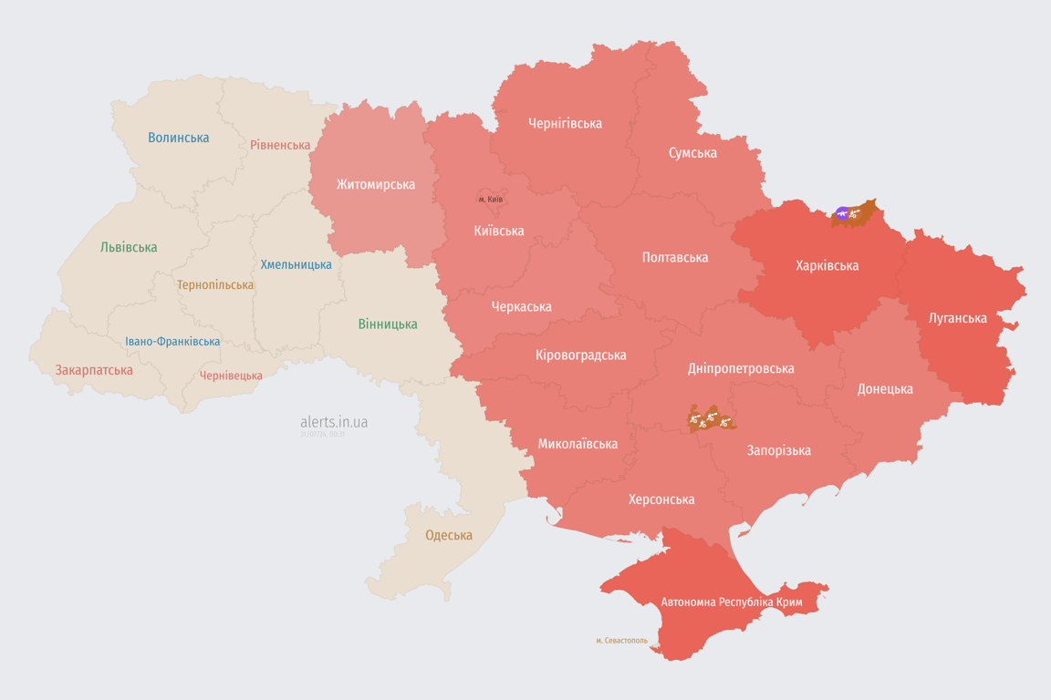 Карта повітряної тривоги вночі 31 липня