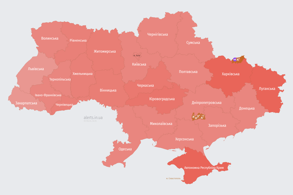 Карта воздушной тревоги в Украине 1 июня