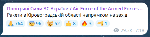 Скриншот повідомлення з телеграм-каналу "Повітряні сили ЗС України"