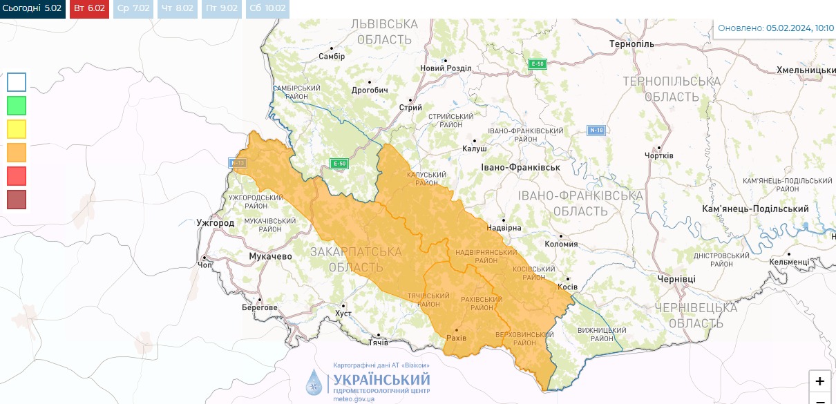 Мапа сніголавинної небезпеки в Україні 6 лютого від Укргідрометцентру