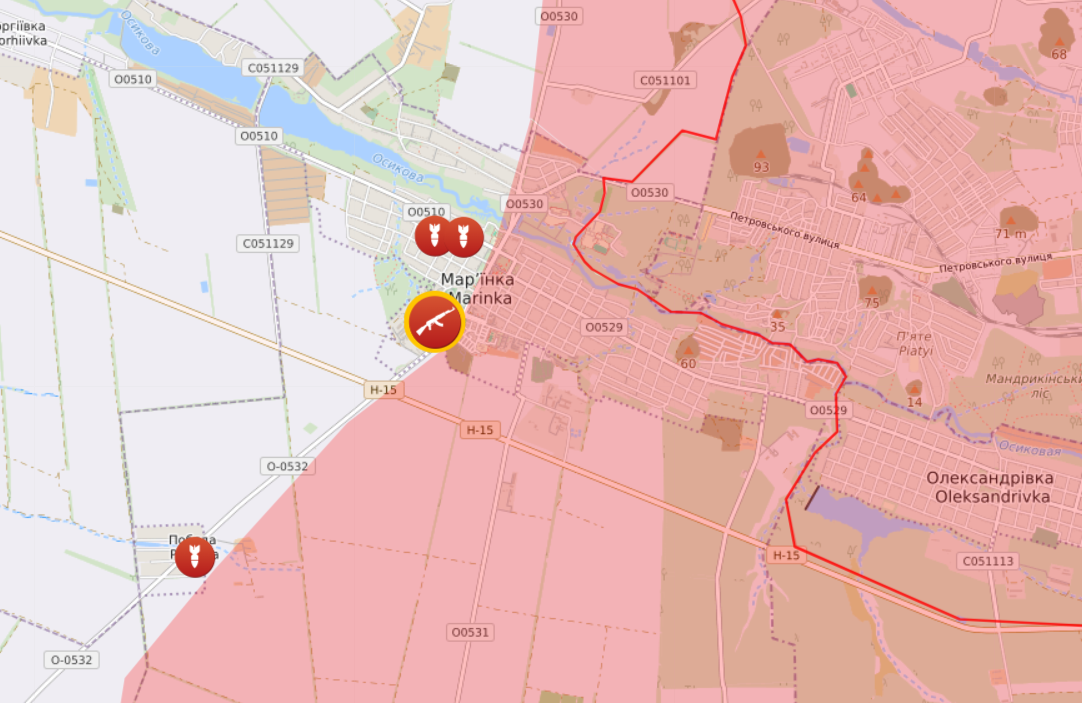 Карта бойових дій на Мар'їнському напрямку від Liveuamap