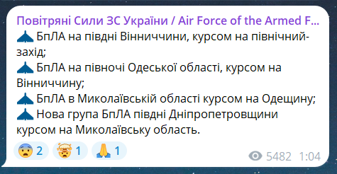 Скриншот сообщения из телеграмм-канала "Воздушные силы ВС Украины"