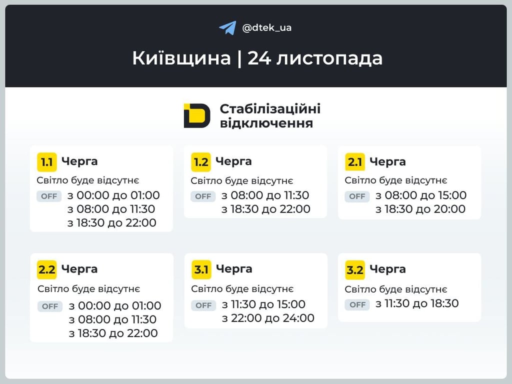Як відключатимуть світло у Київській області 24 листопада