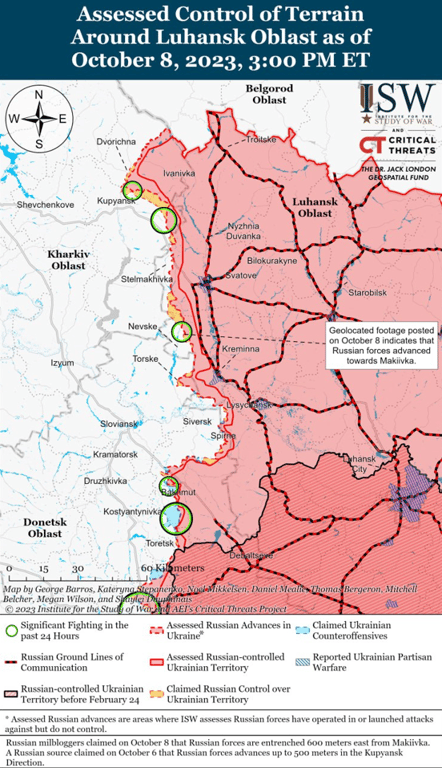 Карта бойових дій в Луганській області від ISW. Фото: інфографіка ISW 
