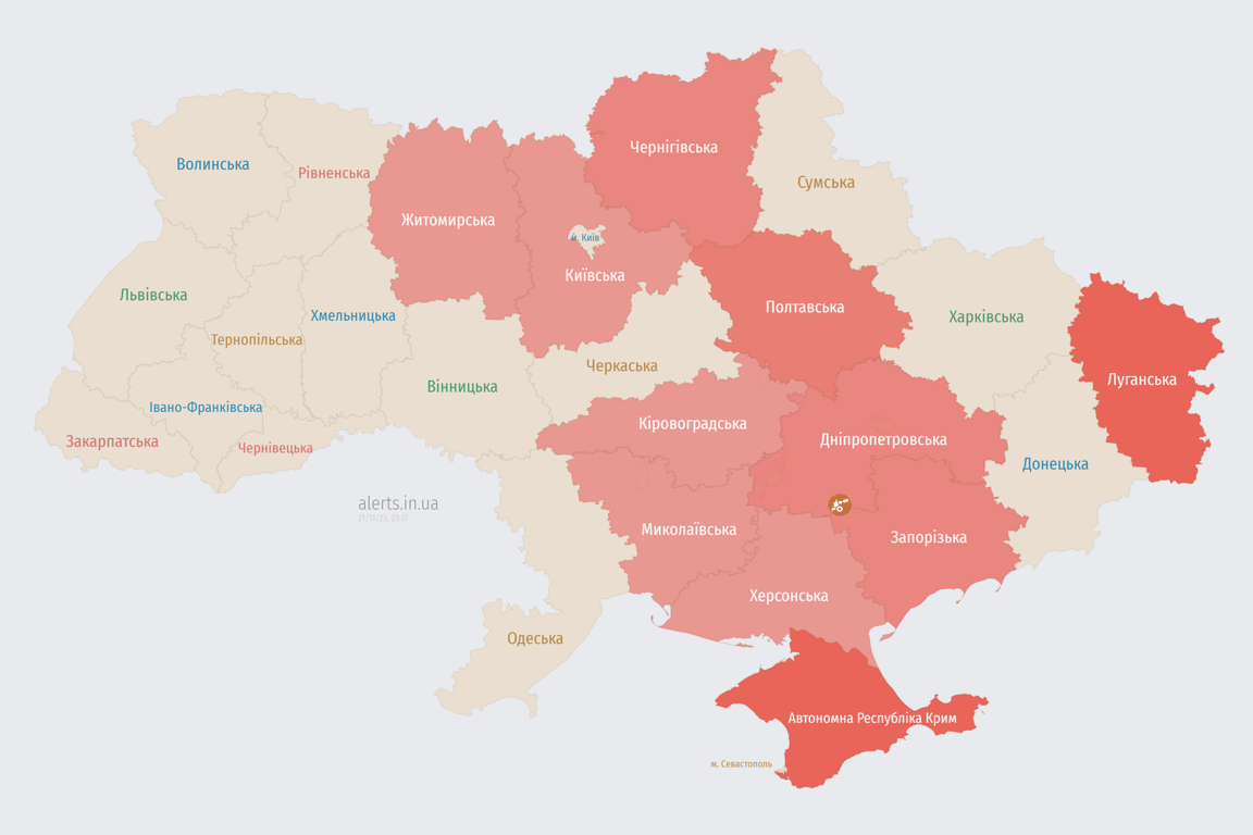 Мапа повітряних тривог в Україні сьогодні, 21 листопада