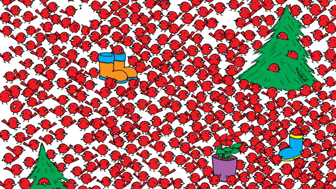 Оптическая головоломка: найдите три красных яблока среди сотни красных птичек