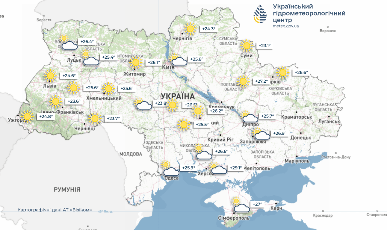Температурна карта. Фото: Укргідрометцентр
