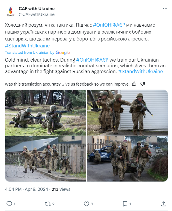 Скриншот повідомлення з соцмережі Х канадської тренувальної місії UNIFIER