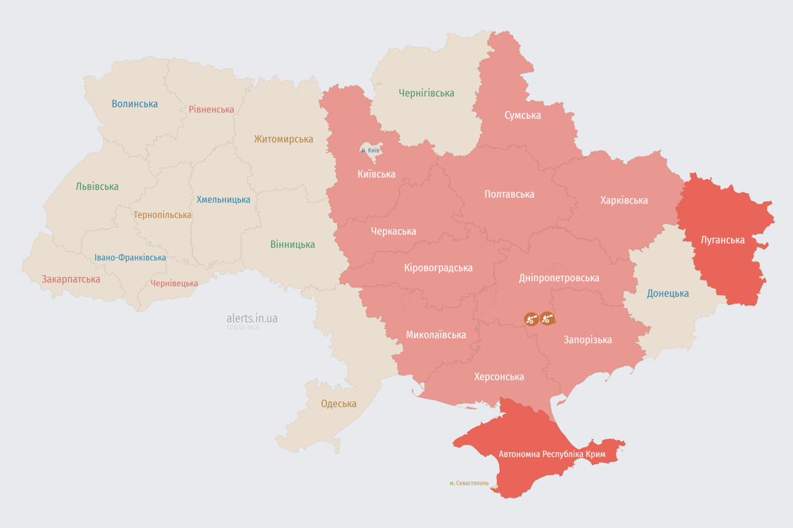 Мапа повітряних тривог в Україні сьогодні, 17 грудня