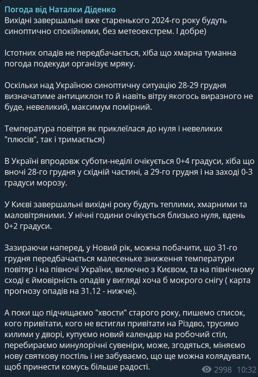 Прогноз погоды в Украине на 29 декабря