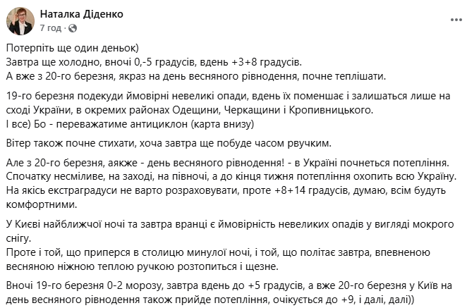 Прогноз погоди в Україні на 19 березня