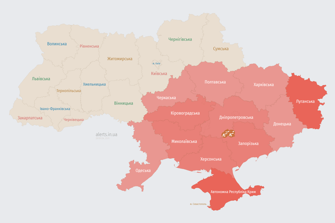 Мапа повітряної тривоги в Україні сьогодні, 29 січня