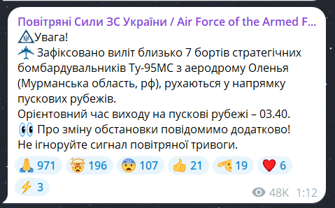 Скриншот повідомлення з телеграм-каналу "Повітряні сили ЗС України"