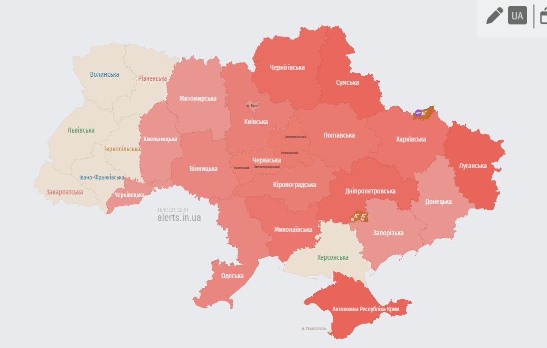 Карта тривог в Україні - ситуація на 23:00