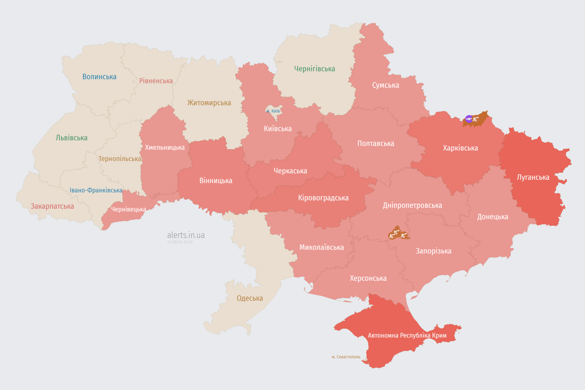 Мапа повітряної тривоги в Україні сьогодні, 14 червня