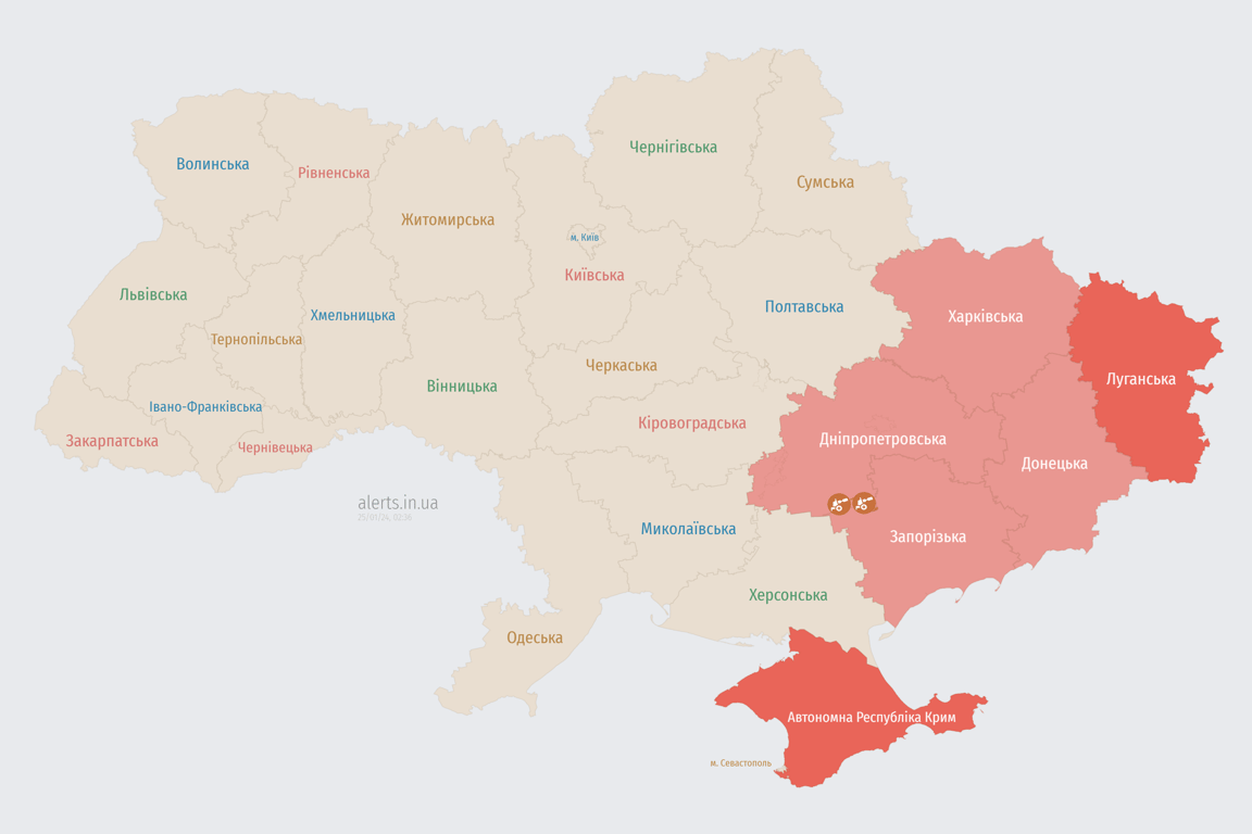 Мапа повітряної тривоги в Україні сьогодні, 25 січня