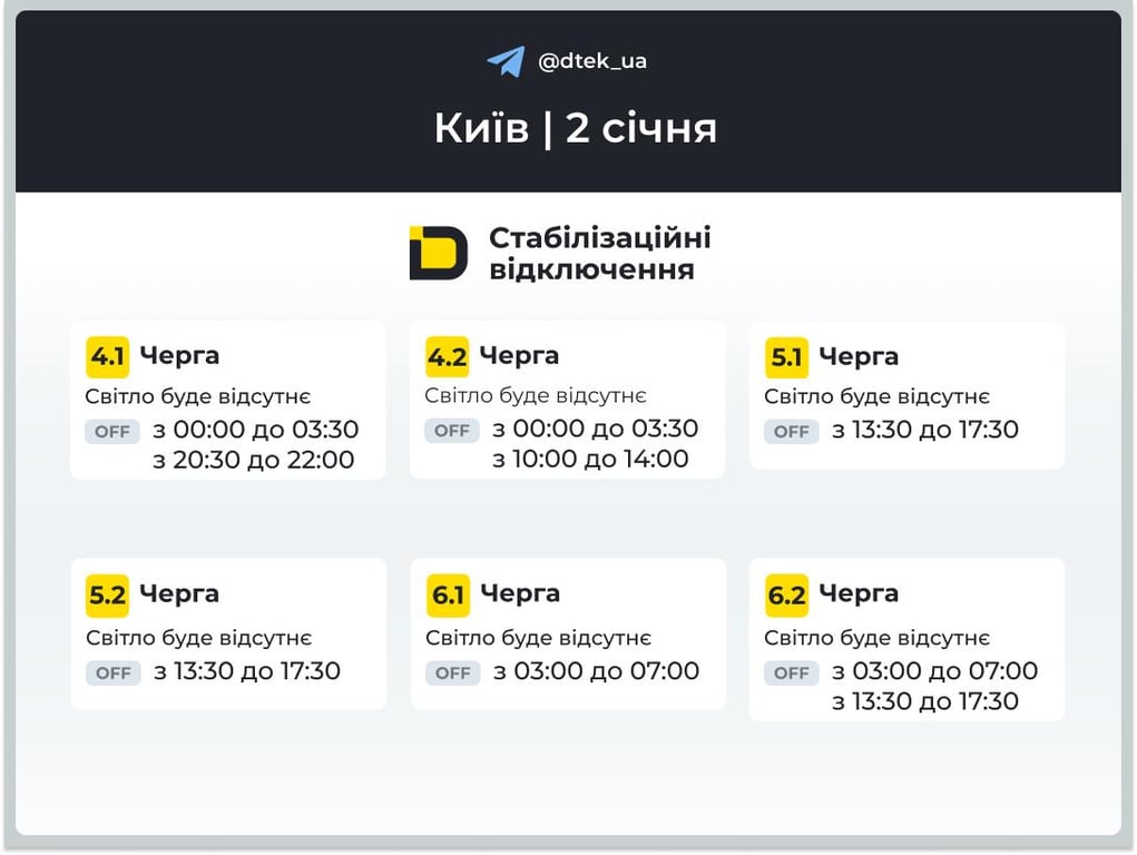 Графіки відключень світла в Києві 2 січня