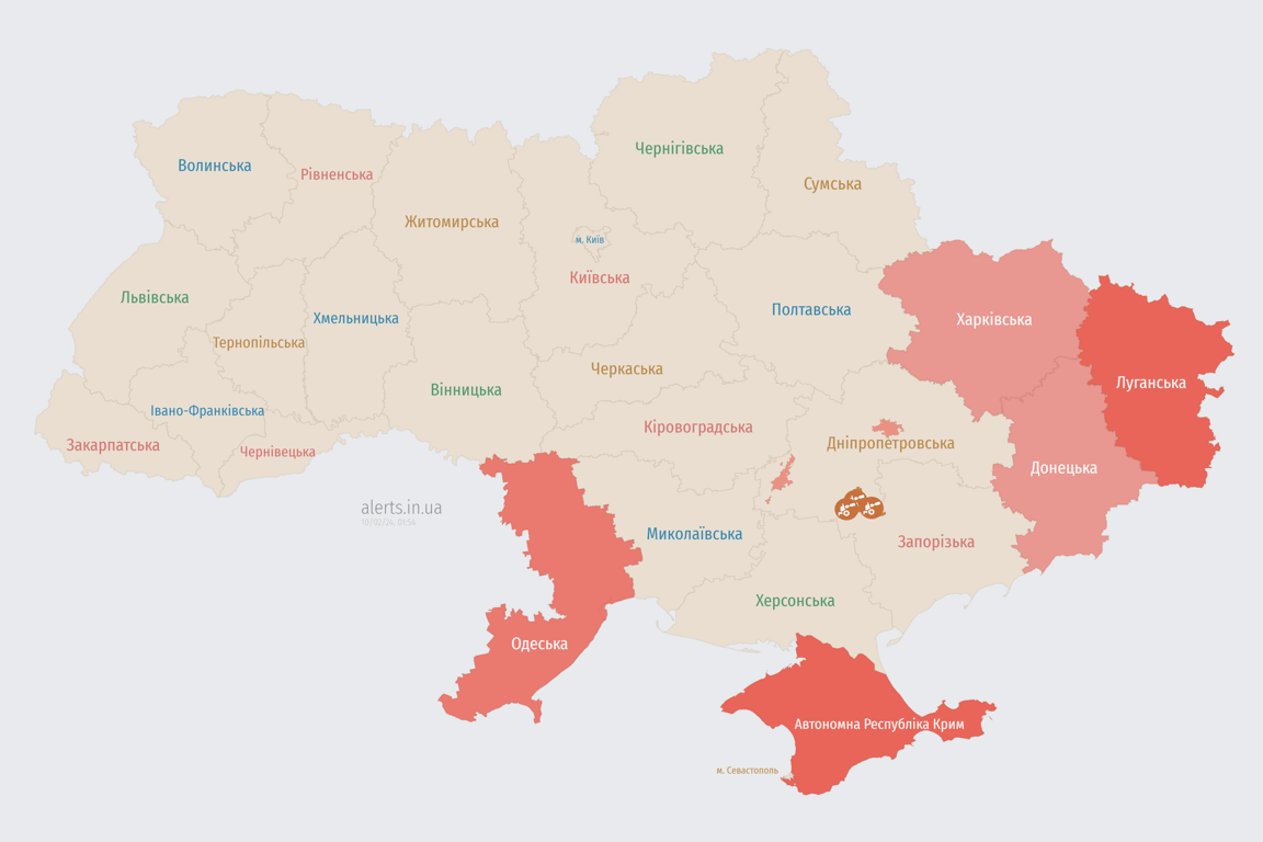 Мапа повітряної тривоги в Україні 10 лютого