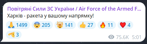 Скриншот повідомлення з телеграм-каналу "Повітряні сили ЗС України"