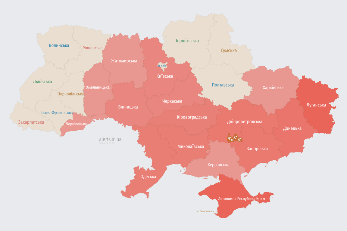 Мапа повітряної тривоги в Україні сьогодні, 11 квітня