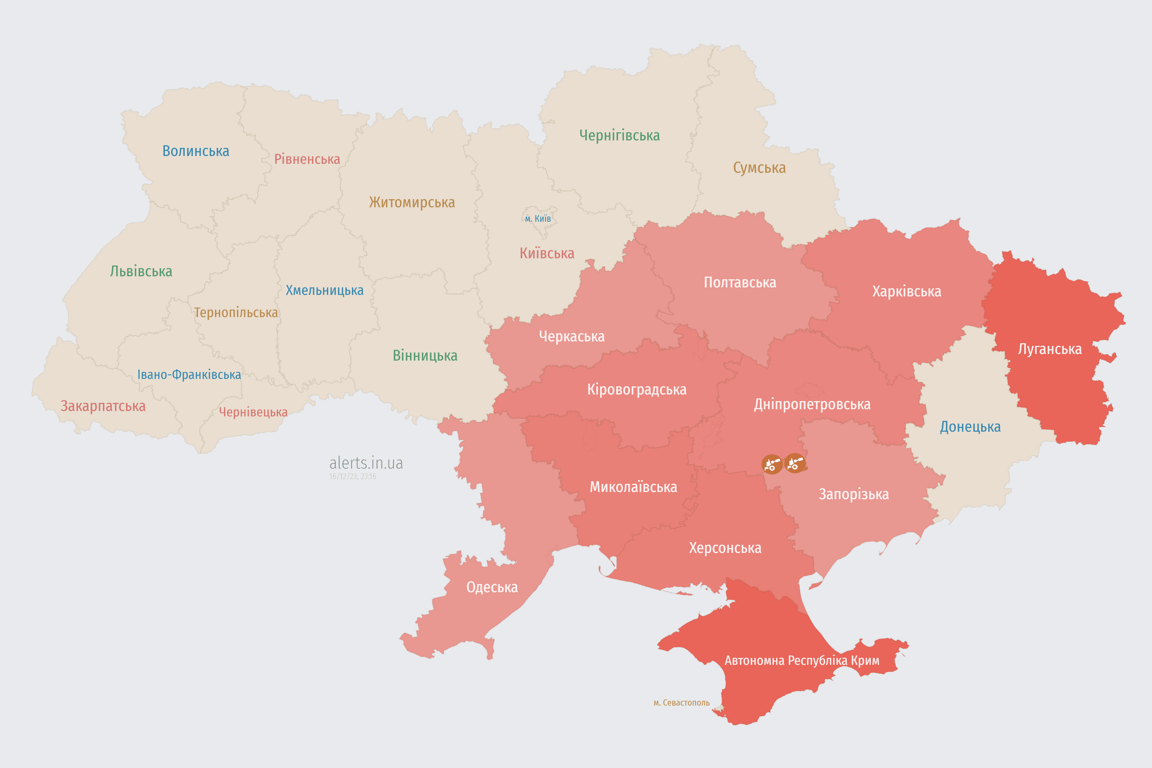 Мапа повітряних тривог в Україні сьогодні, 16 грудня