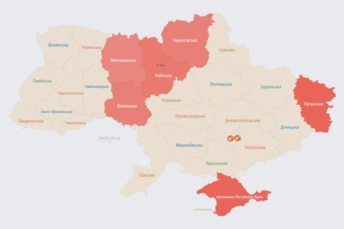 Мапа повітряних тривог в Україні сьогодні, 16 грудня