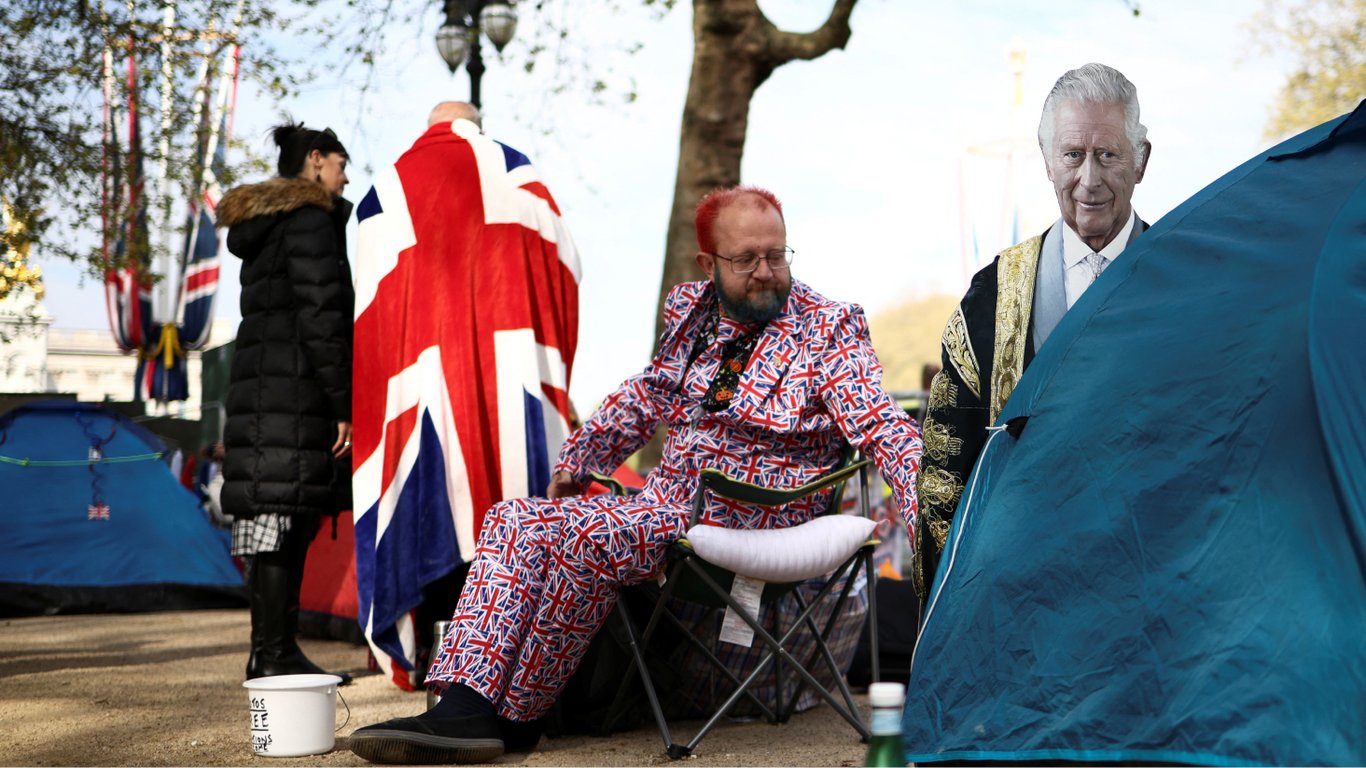 Британцы разбивают палатки возле Букингемского дворца и показывают бумажную Елизавету II: фотоотчет