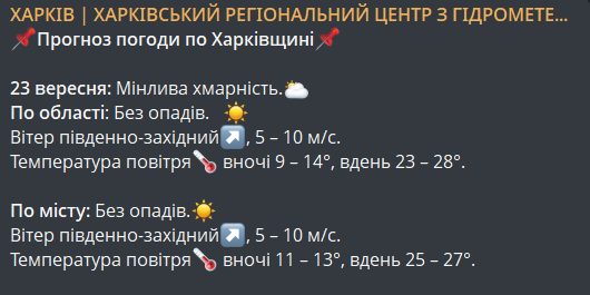 Погода у Харкові 23 вересня