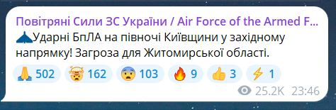 Скриншот повідомлення з телеграм-каналу "Повітряні сили ЗС України"