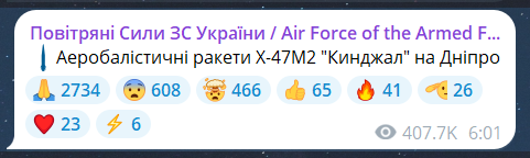 Скриншот повідомлення з телеграм-каналу "Повітряні сили ЗС України"