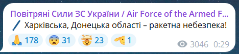 Скриншот сообщения из телеграмм-канала "Воздушные силы ВС Украины"