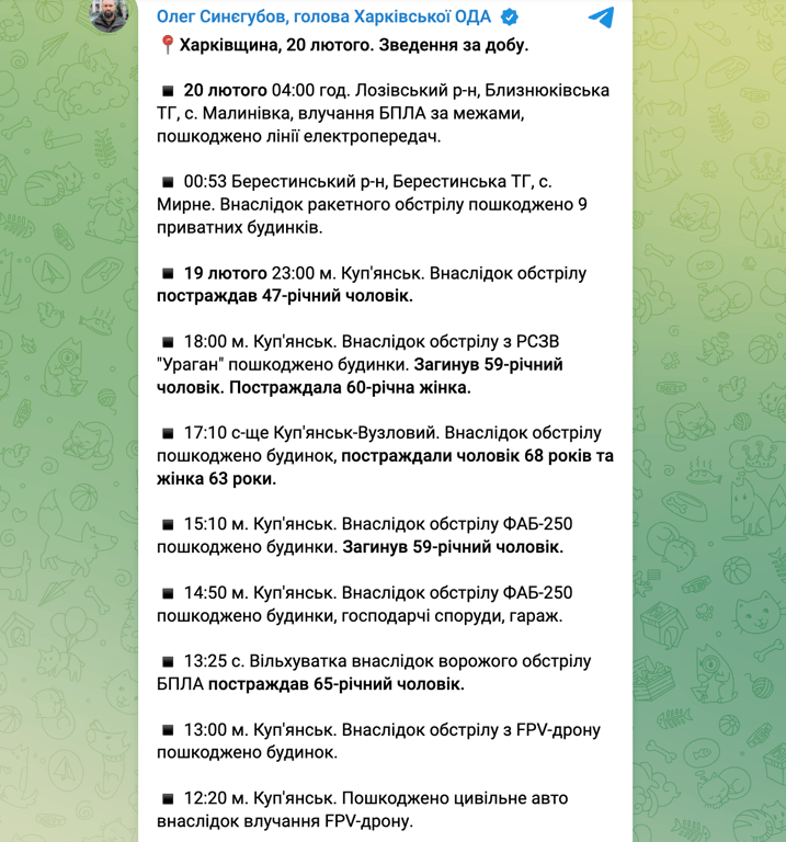 Обстріли Харківської області та Куп'янська 20 лютого