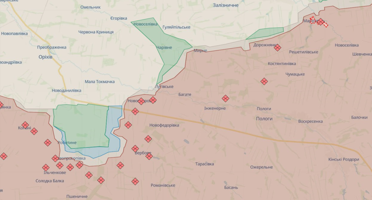 Карта бойових дій на Запорізькому напрямку від Deepstate. Фото: скриншот