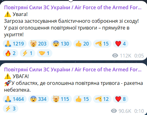 Скриншот повідомлення з телеграм-каналу "Повітряні сили ЗС України"