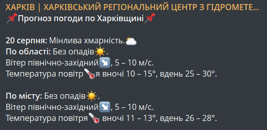 Погода в Харкові 20 серпня