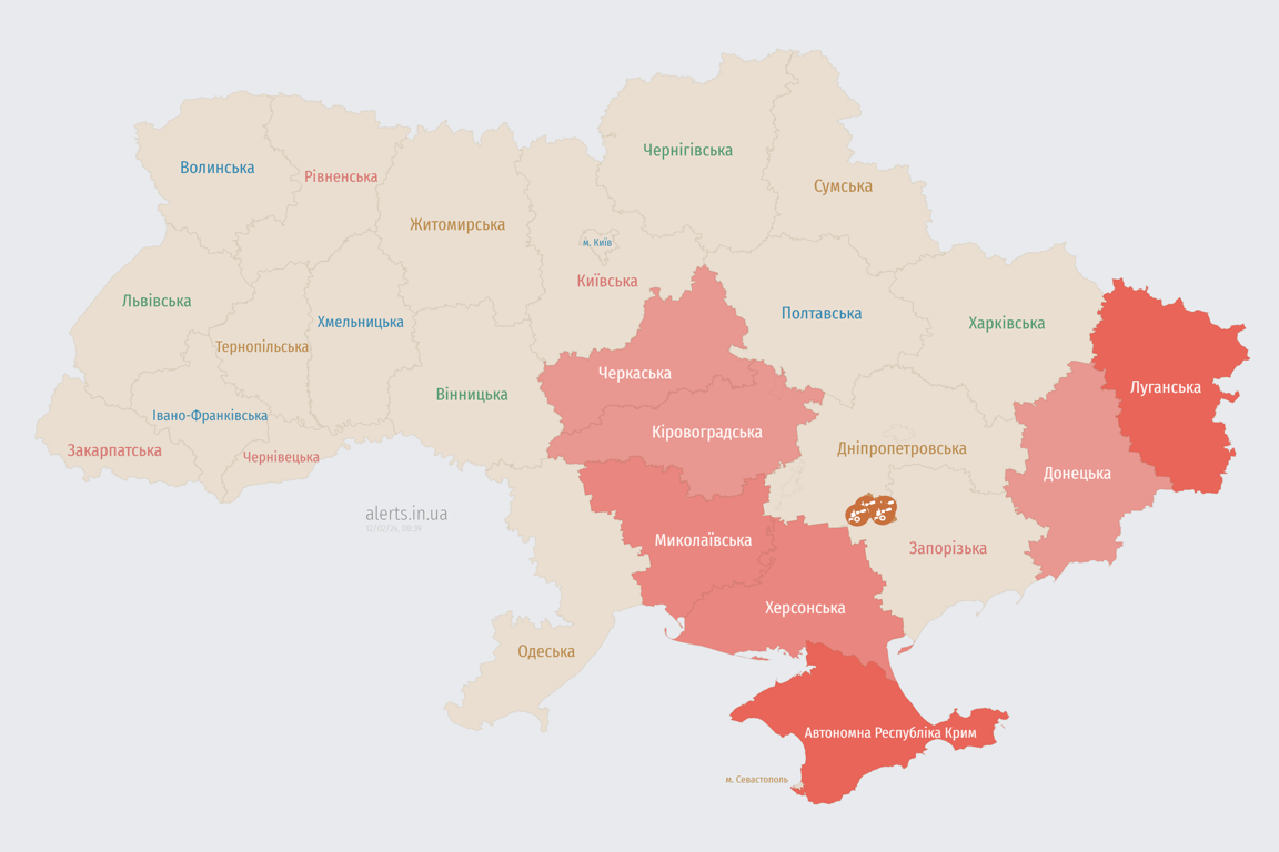 Карта воздушной тревоги в Украине 12 февраля