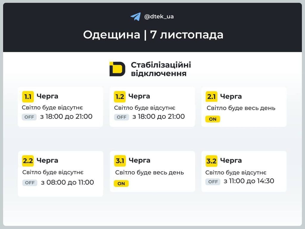 Графики отключений в Одессе на 7 ноября