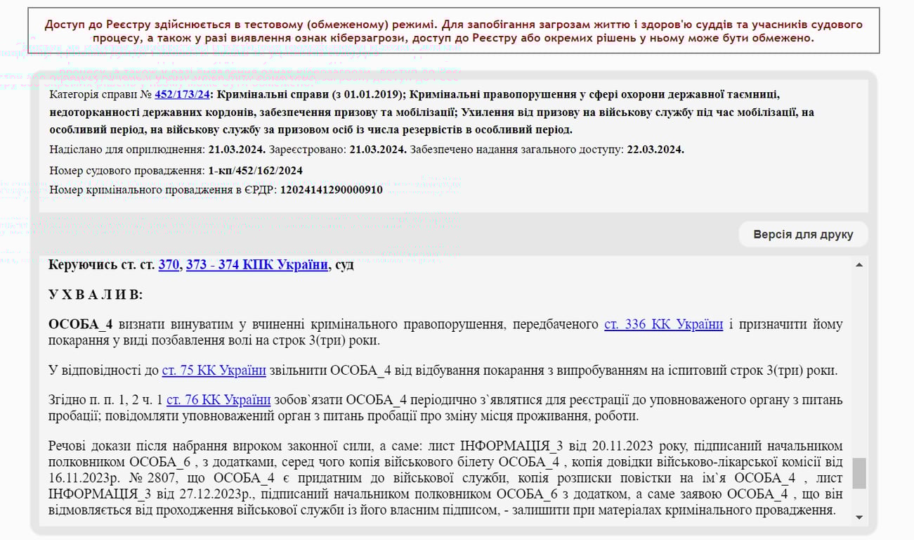 Судовий вирок. Фото: скриншот з ЄДРСР 