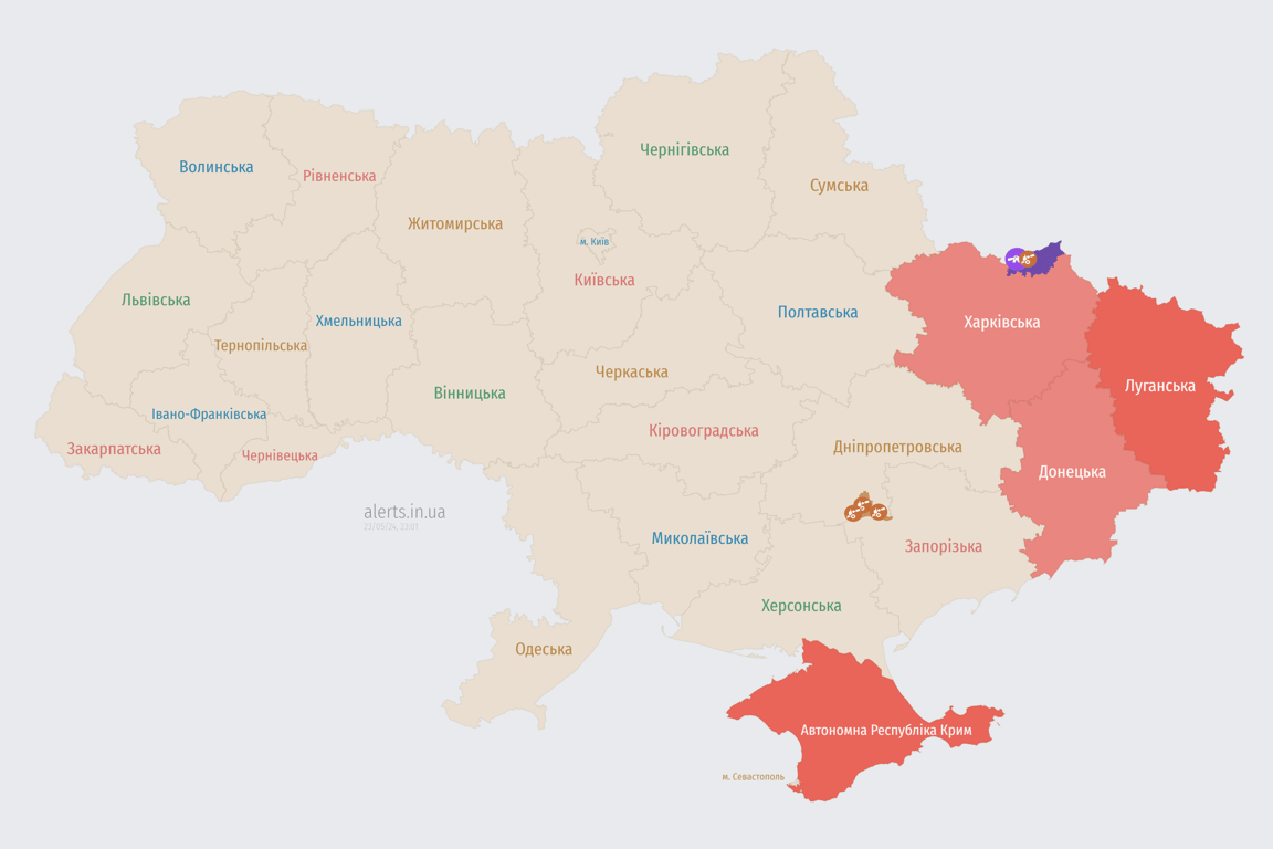Мапа повітряної тривоги в Україні увечері 23 травня