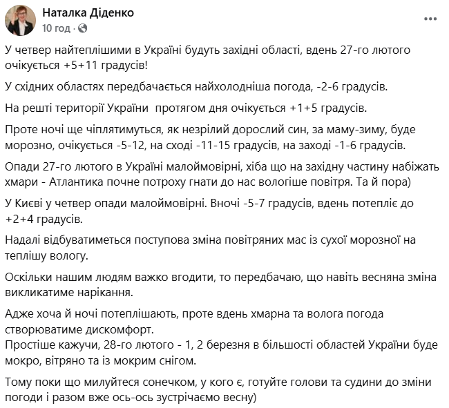 Прогноз погоди в Україні на 27 лютого
