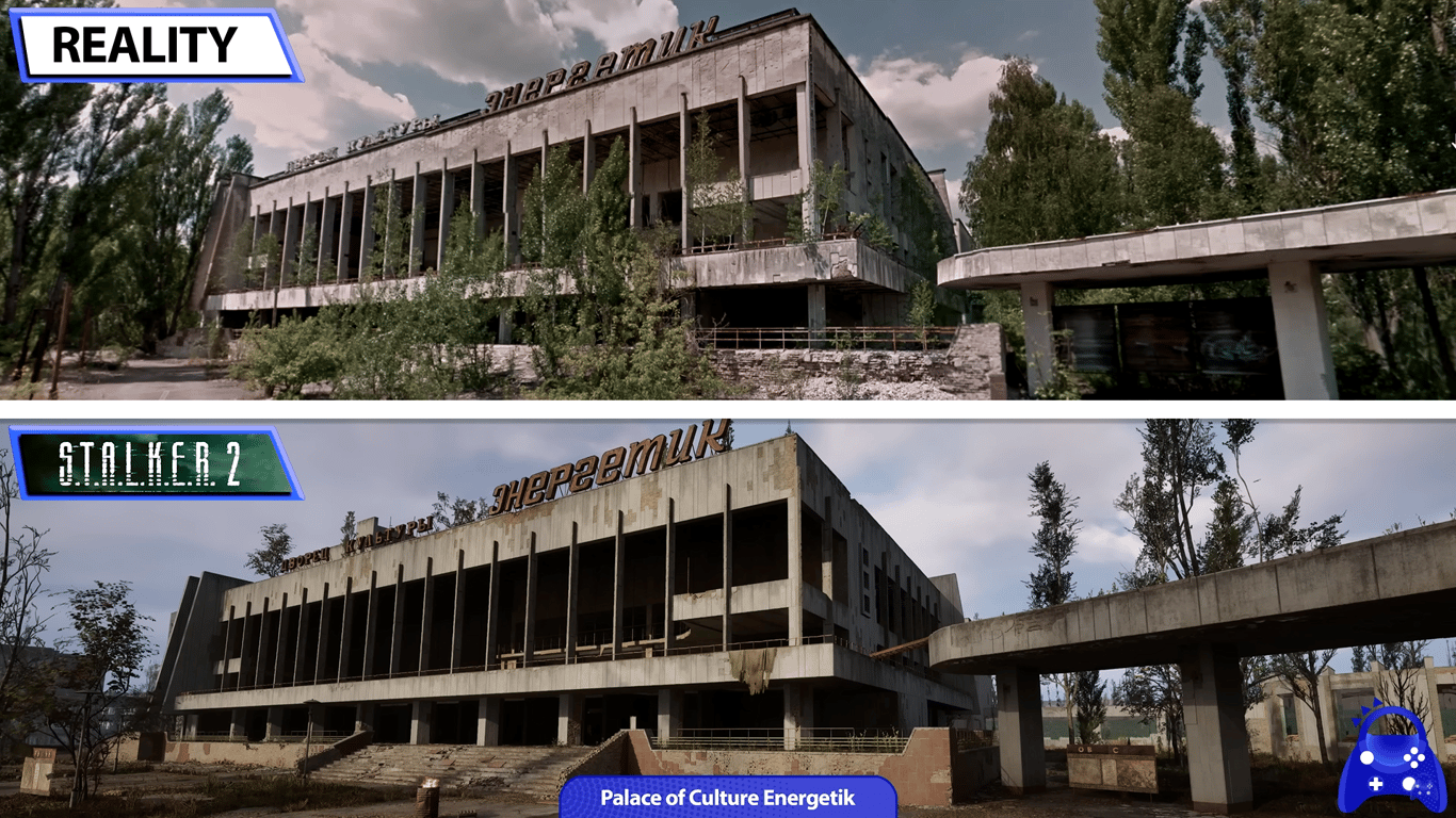 Сравнение Дворца культуры "Энергетик" в игре STALKER 2 и в реальности