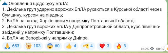 Ворожі дрони рухаються на південь та схід України 