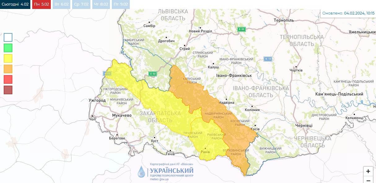 Карта снеголавинной опасности в Украине 5 февраля от Укргидрометцентра